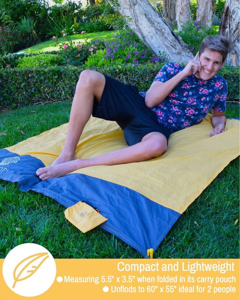 ECCOSOPHY Sand Proof Beach Blanket - Waterproof Picnic Blanket 60x55 Outdoor Compact Pocket Blanket Lightweight Ground Cover for Hiking Camping Festivals Sports Travel with Bag & Stakes (Orange) - Image 5